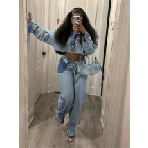 Streetwear Cowboy 2-teiliges Set Damen Outfit Frühlingskleidung Damen 2025, abgeschnittene Jacke, Top und Hose, Sets, lässige Denim-Frau-Sets