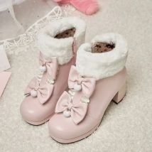 2025, Winter-Damenmode, hoher Absatz, Stiefel, rosa, weiß, schwarz, Fell, Quaste, Fliege, schöne Lolita-Damen-Party-Hochzeitsschuhe, Größe 43