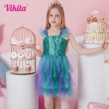 VIKITA Mädchen Sling Kleid Mädchen Meerjungfrau Druck Ärmellose Sommer Kleider Kinder Mesh Tüll Party Reise Strand Urlaub Tutu Vestidos