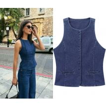 ETJ 2025 Herbst/Winter Neuheiten Damen Z1975 Kragen, Knopfleiste, ärmellos, Rundhals-Jeansjacke, Oberteil 6164197