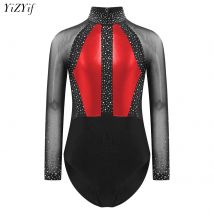 Kids Girls Shiny Rhinestones Leotard Color Block Patchwork Mesh Long Sleeve Bodysuit for Gymnastics Ballet Dance Figure Skating