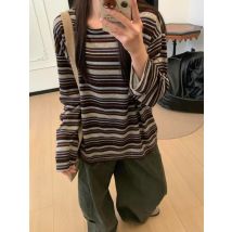 HOUZHOU Vintage Striped T-Shirts Harajuku Japanese Style Loose Tees Autumn Winter Preppy Style Long Sleeve T-Shirts Streetwear