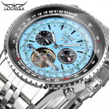 Jaragar Herren-Automatikuhr, mechanisch, modisch, Tourbillon, blaues Zifferblatt, Datumsanzeige, Edelstahlarmband, Militär-Sportuhren