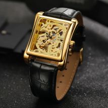 Replik Quadrat Gold Luxus Transparent Stahl Skeleton Mechanische Uhr Wasserdichte Leder Elegante Männliche Armbanduhr reloj hombre
