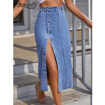Benuynffy Sexy Streetwear Taste Frauen Rock Herbst Winter Elegante Denim Rock Weibliche Hohe Taille Casual Bodycon Lange Röcke