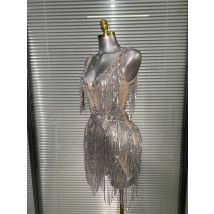 Promi Neue Frauen Sexy Mesh Ärmellose Bühne Leistung Kostüm Kristall Quaste Tänzerin Sänger Nachtclub Mini Party Kleid