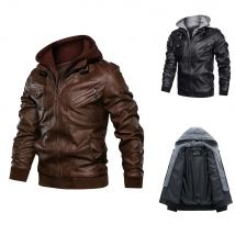 Herren Pu Lederjacke Mantel Stehkragen Muti-Reiß verschluss Motorrad Biker Kleidung lässig abnehmbare Kapuze Herbst Winter Mäntel