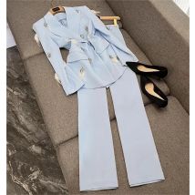 Abito da ufficio solido stile elegante da donna di alta qualità che borda giacca a maniche lunghe con intaglio di piume pantaloni leggermente svasati da donna 2 pezzi
