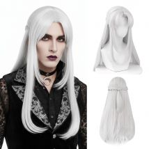 Lange weiße synthetische gerade Anime-Spiel-Cosplay-Perücke, flauschige Damen- und Herrenperücke, hitzebeständig, für die tägliche Party