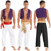 Aladin Costume Men Arabian Prince Cosplay Dress Up Waistcoat Top Harem Pants Suit Halloween Theme Party Carnival Stage Outfits