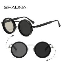 SHAUNA Occhiali da sole rotondi in metallo retrò punk ND9-livello con attenuazione regolabile Occhiali da sole da donna polarizzati UV400 Moda uomo Occhiali da sole da esterno