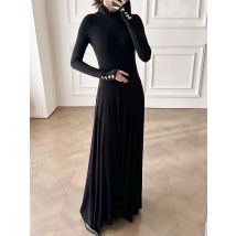 Autumn 2025 women's new cuff button decoration waist swing A-shaped long skirt high-necked long-sleeved elastic temperament dres
