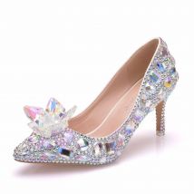 High Heels Hochzeit Frauen Schuhe Diamant Pumps Cinderella Kristall Schuhe Strass Spitz Glitter Party Silber Neue Ankunft