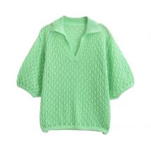 Maglione pullover scavato lavorato a maglia tinta unita jacquard da donna Top da donna chic femminile a maniche corte con collo a bavero vintage