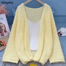 Gelbe Strickjacken für Frauen Langarm gestrickt All-Match junge Mädchen lässig Mode schick einfache solide Frühling Herbst Nischen mantel
