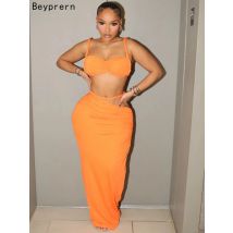 Beyprern Making Wishes Rock-Set für Damen, gerüschtes zweiteiliges Kleid, Sommer, orangefarbener Bandage-Maxirock-Set, Urlaubs-Outfits, Clubwear