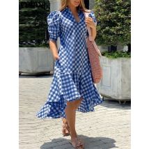 VONDA Asymmetrisches Kleid Frauen 2025, Vintage Plaid Kleid Böhmischen Druck Vestidos Baumwolle Sommerkleid Casual Puff hülse Robe