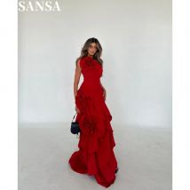 Sansa Ellegant Red 3D Floral A-line Taffeta Evening Dress Strapless Floor-Length Wedding Dresses Sleeveless vestidos de fiesta