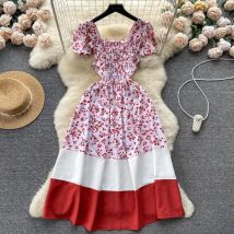 Yuoomuoo koreanische Mode Blumen druck Patchwork Party Frauen Kleid Sommer fliegende Ärmel Urlaub langes Kleid Strand Vestidos