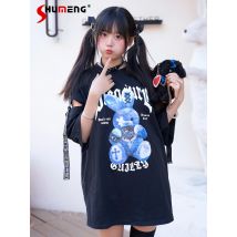 Täglich Mine Massen produktion schwarz kurz ärmel ige T-Shirt Student dunkel Gothic Harajuku große lange T-Shirts Frauen Cartoon Print Top