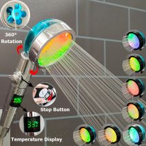 3/7 Farben ändert LED-Duschkopf mit Propeller-Stopp-Taste, Turbolader, Hochdruck-Duschkopf, Temperaturanzeige, Dusche