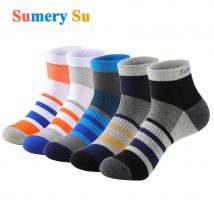 5 Pairs/Lot Running Socks Men Ankle Colorful Stripes Combed Cotton Outdoor Gym Compression Short Male Socks 5 Colors New 2025