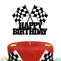 1 pezzo di torta di buon compleanno da corsa con glitter neri con targa da corsa, decorazione per torta con bandiera, decorazione per torta di compleanno a tema da corsa