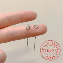 Solide Sterling Silber 925 Roes Blume Quaste Lange Ohrstecker für Frauen Schlaf Piercing Schmuck Damen Party Hochzeit Charms