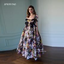 Sprühen Selkie Druck quadratischen Hals Abendkleid Puff ärmel Kurzarm Ballkleid eine Linie weichen Chiffon Abschluss kleider
