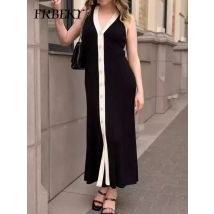 Herbst neue V-Ausschnitt ärmellose einreihige Strickkleid enge Mode Kollision Farbe mittellangen Rock elegante Party kleider