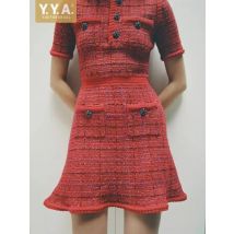 Vintage Women Red Plaid Tweed Dress O Neck Short Sleeve Slim Fit A Line Party 77cm Mini Dress French Style Pockets Twill Dress