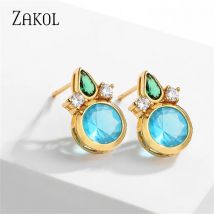 Zakol Mode runde hellblaue Ohr stecker für Frauen trend ige Zirkonia Prinzessin Ohrring niedlichen Party Schmuck