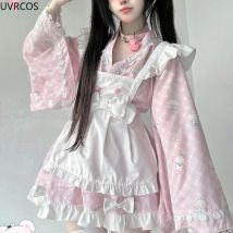 Japan Kawaii Lolita Stil Kleid Süße Niedliche Cartoon Print Gothic Y2k Party Kleider mit Schleife Schürze Cosplay Kostüm Maid Kleid Sets
