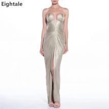 Eightale 2025 Silver Silk Chiffon Pleated Mermaid Evening Dress Wedding Party Maxi Formal Prom Dress Dubai Party Gown Customized