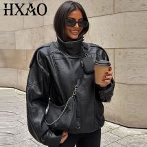 HXAO Women's Jackets Black Faux Leather Jacket Woman 2025 Asymmetric Long Sleeve Outerwears New In Coats & Jackets Biker Jacket