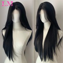 LM Lange gerade schwarze Lace-Front-Perücke, natürliches Schwarz, vorgezupft, synthetische Lace-Front-Perücke für Frauen, leimlose hitzebeständige Faser