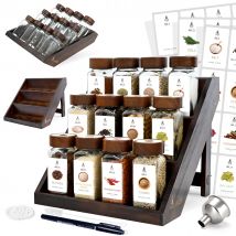 Portaspezie 2 in 1 in legno di acacia (FCM ® ) - Barattoli di spezie quadrati da 120 ml con coperchi in legno, 120 etichette, scatole di spezie verticali e cassetti