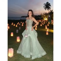 Cathy Customize Green Shiny Diamonds Layered Prom Dress Strapless A-line vestidos de noiva Gorgeous Floor-length Evening Dresses