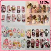Kawaii 3D Bär Handmande Press On Fake Nails Aufkleber Kaffee Rosa Creme Stil Mandeln Anpassbare Party Cartoon Nagelaufkleber