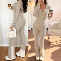 Autumn Winter Solid Casual Basic Trousers Set Hooded Long Sleeve Jacket Fashion Sports Style High Waist Straight Pants Suit Lady