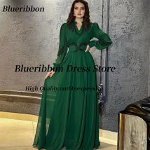 Blueribbon Customized Long Sleeves Prom Dresses V Neck Beaded Vestidos De Fiestas Elegantes Mujer Chiffon Saudi Evening Gowns