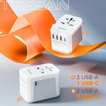 Uniwersalny adapter podróżny TESSAN na cały świat z USB i wtyczką typu C, uniwersalna ładowarka ścienna do USA, UE, Wielka Brytania i AUS.