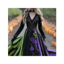 Halloween Costume Woman Sexy V Neck High Waist Long Dress Retro Floral Print Spliced Striped Party Dress Autumn Swing Maxi Dress