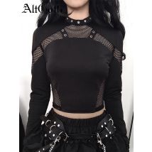 Altgoth Dark Punk Cyber T-Shirt Frauen Gothic Streetwear Mesh Patchwork Langarm O-Neck Crop T-Shirts Harajuku sexy Kleidung