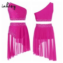 2Pcs Girls Lyrical Modern Dance Outfit Jazz Ballet Gymnastic Dancewear One Shoulder Crop Top and Skirt Rhinestone Dancer Costume