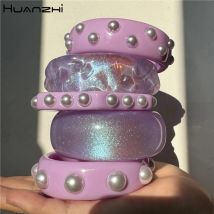 Huanzhi bunte blaue lila Perle Harz breite klare Armband Vintage personal isierte elegante geometrische Armreif Schmuck neues Design