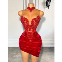 Luxury Beaded Embroidery Women Homecoming Cocktail Gowns High Neck Black Girls Red Velvet Prom Dresses 2025 For Birthday Party
