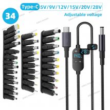Type C to DC Power Boost Cable USB-C to 5V 9V 12V 15V 20V Adjustable Voltage Charging Cord 34pcs DC Plug Jack Laptop Connectors
