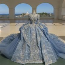 Brandneue glänzende Quinceanera-Kleider, Ballkleid, Pailletten, Stehkragen, Perlenstickerei, lange Ärmel, Prinzessin, Party, maßgeschneidertes 16-Kleid mit Schnürung