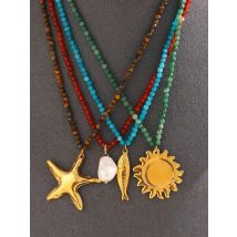 E.B.belle Colorful Natural Stone Chain 18K Gold Plated Stainless Steel Star Sun Fish Pearl Pendant Necklace Women‘s Jewelry